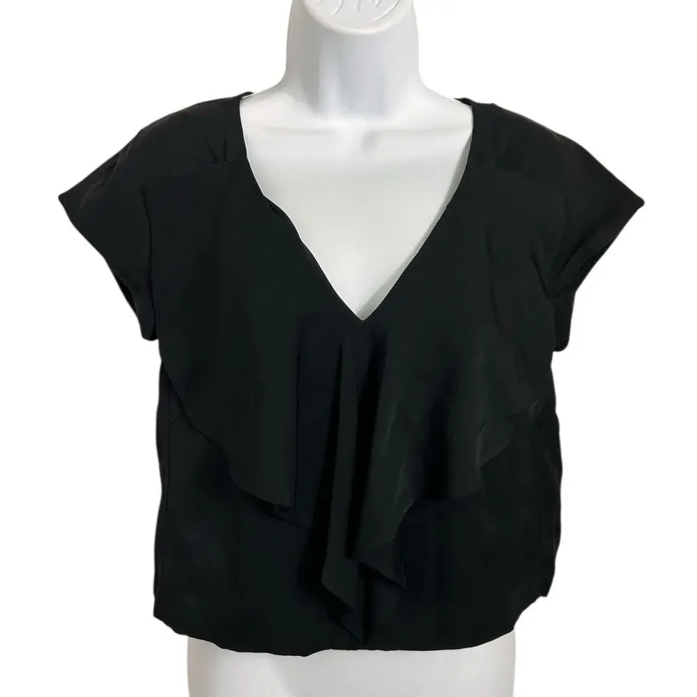 MILLY Black Crop V-Neck Blouse Sz 4 Silk Minimalist Fashion Ruffle Top Classic